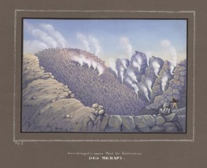 マグピブルグ1845博士、Junghuhn博士による、Javaを旅するための地形と自然科学アトラスからのメラピ火山の噴火と内壁 作： German School