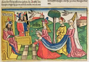 Esther 2 15-18、エステルは、ニュルンベルク聖書（Biblia Sacra Germanaica）（色の木版画）からペルシャ王アハシュエロスによって女王に選ばれました 作： German School