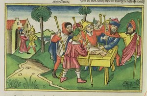 出エジプト記12ニュルンベルクの聖書からの最初の過ぎ越しの祭り（Biblia Sacra Germanaica）（色の木版画）