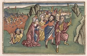 出エジプト記14モーセと紅海を渡るイスラエル人、ニュルンベルク聖書（Biblia Sacra Germanaica）（色付きの木版画）