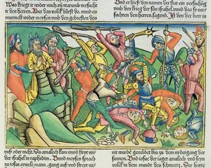 出エジプト記17 8-15アーロンとハーは、モーゼスの手を支援して、イスラエル人がアマレク人に勝利することを、ニュルンベルク聖書（Biblia Sacra Germanaica）（色付きの木版画）から