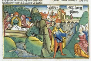 出エジプト記 18 1 15-22 「ニュルンベルク聖書 (Biblia Sacra Germanaica)」からのヨセフの埋葬とヘブライ人の助産師の物語 (着色された木版画)