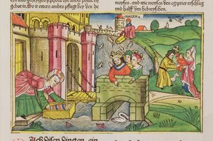 出エジプト記2 1-6モーセがナイル川を下って浮上し、ファラオの妻の1人がニュルンベルク聖書（Biblia Sacra Germanaica）から発見した（色の木版画） 作： German School