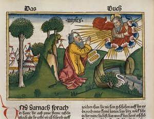 出エジプト記34 1-10モーセは、ニュルンベルク聖書（Biblia Sacra Germanaica）（着色された木版）から、十戒を備えた2番目のタブレットを受け取ります 作： German School