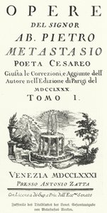 イタリアの詩人・作詞家ピエトロ・メタスタシオの作品集のヴェネチア版タイトルページのファクシミリ（リトグラフ版