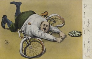 自転車から転落した太った男（カラーリトグラフ 作： German School