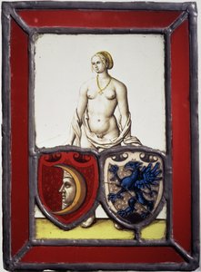 2つの紋章の盾を支える女性の裸婦 1535年頃（ポットメタル、フラッシュ・クリアガラス、イエロー・ステイン、黒色ガラス絵の具） 作： German School