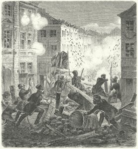 コルン市庁舎前のバリケードでの戦闘（ベルリン、1848年革命）（エングレーヴィング 作： German School