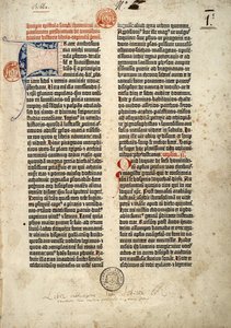 1452年から1454年にかけてマインツで作成されたグーテンベルクのラテン語（ヴルゲート）による聖書の最初のページ。聖人ジェロームが司祭ポーリンに宛てた、聖典のすべての書物を扱ったエピトレの始まりです。 作： German School