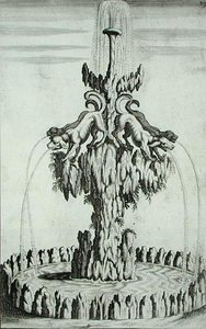 犬のいる噴水（ゲオルグ・アンドレアス・ボックラー（1617-85）作「新奇な建築」より、1704年に出版された彫刻版）