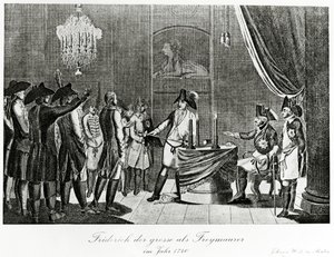 フレデリック大王は、1740年にベルリンでフリーメーソンとして彼の義兄、フレデリック、ブランデンブルクバイリュースのマーグレイブを受け取ります。 作： German School