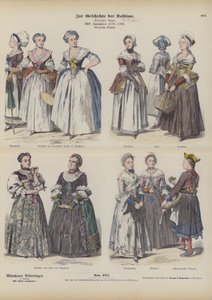 フランスとドイツのブルジョワ女性の衣装 18世紀後半（彩色済みエングレービング 作： German School