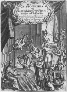 1685年にハンブルクで出版されたヨハンフリードライン（17世紀）によって彫刻された、ヨハンバルタザールフリデリチによるフロンティピース、暗号文のイラスト、または秘密の著作 作： German School