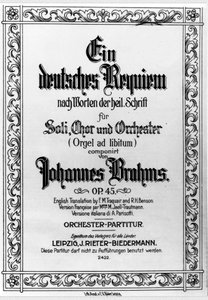 ヨハネス・ブラームス（1833-1897）の「ドイツ・レクイエム」の扉（リトグラフ）。 作： German School