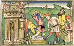 創世記11 1-9ニュルンベルク聖書からのバベルの塔の構築（Biblia Sacra Germanaica）（色の木版画）