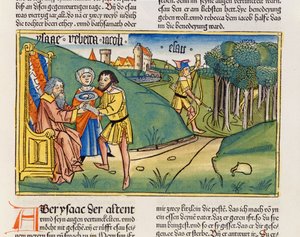 創世記27 6-29ジェイコブはニュルンベルク聖書（聖書のサクラゲルマニカ）からアイザックの祝福を受ける（色の木版画）