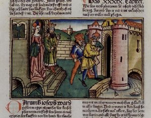 創世記39 19-23 無実のヨセフが投獄される「ニュルンベルクの聖書（Bibal Sacra Germanaica）」（彩色木版画）より 作： German School