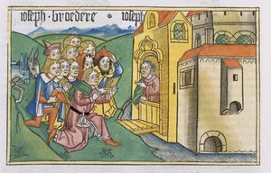 創世記 42 1-5 ヨセフの兄弟がエジプトに到着、「ニュルンベルク聖書 (Biblia Sacra Germanaica)」より (色付きの木版画) 作： German School