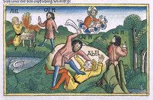 創世記 4:8 カインがアベルを殺害、「ニュルンベルク聖書 (Biblia Sacra Germanaica)」より (色付きの木版画) 作： German School