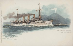 イタリア・ナポリ湾に浮かぶドイツの巡洋艦ゲフィオン（クロモリト 作： German School