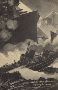 イギリスの魚雷艇に突っ込むドイツの巡洋艦、第一次世界大戦（リトグラフ）