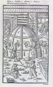 ガラス工房 大理石の炉と吹きガラス職人のイラスト（木版画 作： German School