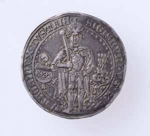 ジギスムントのギルディネール（背の高い）（1439-96）チロル伯、ホールミント、1486（表）（銀）（裏は168059を参照） 作： German School