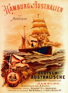 ハンブルク-オーストラリア、ドイツオーストラリア汽船会社の宣伝ポスター、1889年