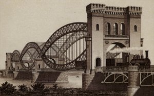 ハンブルグ。エルベ川に架かる鉄道橋（リトグラフ）。 作： German School