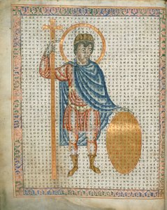 Harley 3045 fol.2 敬虔な皇帝ルイ 1 世、十字架と盾を持っている、「De Laudibus Sancte Crucis」、c.1170-79 (ベラム) から 作： German School