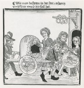 パンケーキとプレッツェルのホーカー、1417年のコンスタンツ評議会、インキュナブラ後、c.1485（紙にペンとインク）