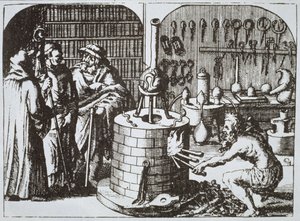 19世紀後半に出版された魔法の歴史に描かれているマイケル・マイヤー（1625）による博物館ハーメティクムのハーメティック哲学者と錬金術師