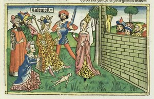 I Kings 3 16-28ニュルンベルク聖書（Biblia Sacra Germanaica）からのソロモンの審判（色の木版画） 作： German School