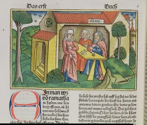 私はサミュエル1：8エルカナがニュルンベルク聖書（Biblia Sacra Germanaica）からのハンナを慰める（色の木版画）