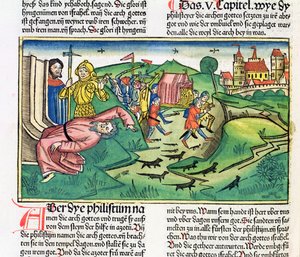 サムエル記5：1-11ペリシテ人は箱舟を占領し、ニュルンベルク聖書（Biblia Sacra Germanaica）（色の木版画）からペストに襲われます
