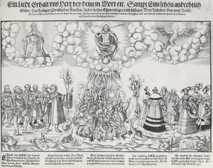 教皇の致命的な働きに対して神の助けを求めるマルティン・ルターの賛美歌のイラスト 作： German School
