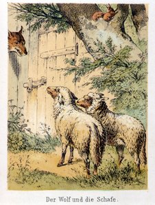 フランツ・ホフマンの物語「物語と寓話-オオカミとヒツジ」のイラスト：オオカミが2匹のヒツジと会話している。19世紀のクロモリトグラフ。 作： German School