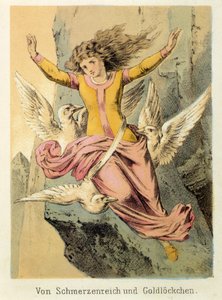 フランツ・ホフマンの物語「物語と寓話-シュメルツェンライヒと金色の花」の挿絵：女性が3羽の鳥に囲まれている。19世紀のクロモリトグラフ。 作： German School