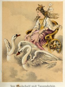 フランツ・ホフマンの物語「物語と寓話 - Von Wunderhold und Tausendsch¿n」の挿絵：女神を乗せた馬車が2羽の白鳥に撃たれる。19世紀のクロモリトグラフ。