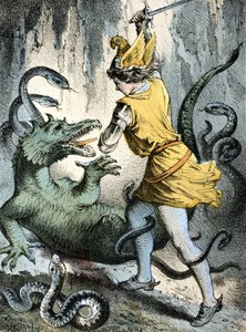 フランツ・ホフマンの童話「物語と寓話」の挿絵。"Von Wunderhold und Tausendsch¿n」（男がモンスターやドラゴンを殺す場面）。19世紀のクロモリトグラフ。