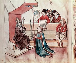 騎士の任命式ウルリッヒ・リヒテンタル（1360-1437）の「コンスタンツ公会議の年代記」からのミニチュア 1438年頃 プラハ、国立図書館 作： German School