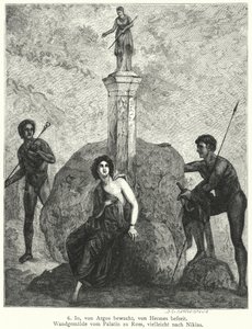女神ヘラの命によりアルグス・パノプテスに守られているイオを、ゼウスが彼女を誘拐するために送り込んだヘルメスが見張っている、ローマ時代の壁画（彫刻作品 作： German School