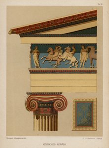古代ギリシャ建築のイオニア式エンタブラチャー（カラーリトグラフ 作： German School