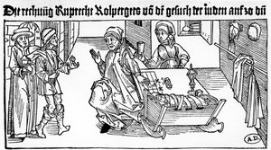 ユダヤ人のMoneylenderと彼の家族が顧客を受け入れること、1491年（木の彫刻） 作： German School