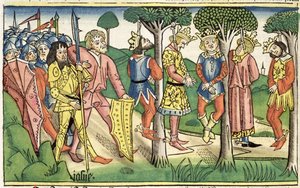 ヨシュア記 10 16-27 「ニュルンベルク聖書 (Biblia Sacra Germanaica)」からの 5 人の王の処刑 (着色された木版画) 作： German School