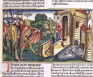 士師記 11 29-40 父に挨拶するエフタの娘（「ニュルンベルクの聖書（Bibal Sacra Germanaica）」より）（彩色木版画 作： German School