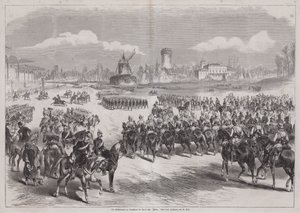 1871年3月、フランス・パリのロンシャンで軍隊のパレードを見守るドイツのカイザー・ウィルヘルム1世（エングレービング 作： German School