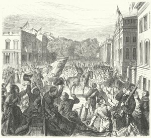 1848年3月21日、暴動で死亡した民間人の大規模な葬儀に出席するため、ベルリン大学の前を走るプロイセン王フリードリヒ・ウィリアム4世（エングレーヴィング）。 作： German School
