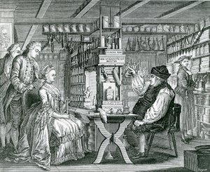 素朴な薬局、版画はバルトロマウス・ハブナー（1727-1795）、1774年 作： German School