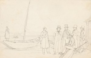 7 人の人物がいる湖畔のシーン 作： German School